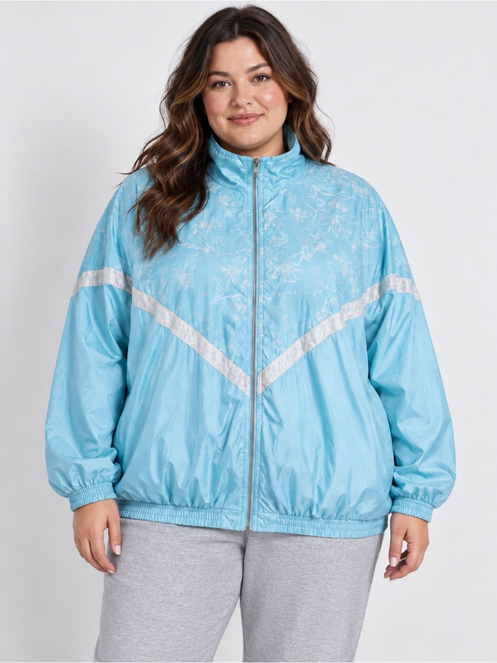 Roaman's Aqua Blue Floral Full Zip Windbreaker Jacket Retro 2X Sporty Coastal